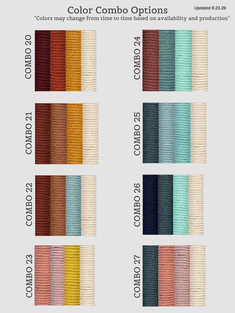 Pode incluir: Uma tabela de cores intitulada Color Combo Options com o texto Updated 8.23.26. Exibe oito linhas de quatro amostras de corda verticais rotuladas de Combo 20 a 27, com v&aacute;rias paletas de cores incluindo tons terrosos, azuis e past&eacute;is.