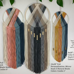 May include: Three circular macrame wall hangings featuring knotted cotton cord in various color palettes including pink, blue, grey, and yellow. The designs incorporate wooden beads and are labeled with text indicating sizes of 10x30 inches, 12x35 inches, and 8x25 inches.
