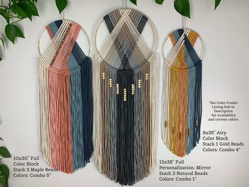 May include: Three circular macrame wall hangings featuring knotted cotton cord in various color palettes including pink, blue, grey, and yellow. The designs incorporate wooden beads and are labeled with text indicating sizes of 10x30 inches, 12x35 inches, and 8x25 inches.