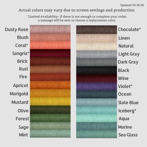 May include: A color chart displaying two vertical columns of stacked yarn cords in various shades including Dusty Rose, Blush, Coral, Sangria, Brick, Rust, Fire, Apricot, Marigold, Mustard, Olive, Forest, Sage, Mint, Chocolate, Linen, Natural, Light Gray, Dark Gray, Black, Wine, Violet, Ocean, Slate Blue, Iceberg, Aqua, Marine, and Sea Glass.
