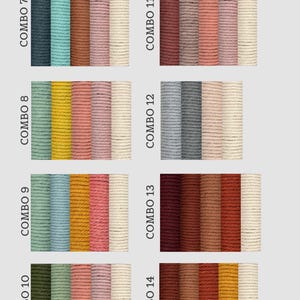 Pode incluir: Uma tabela de cores exibindo oito conjuntos distintos de cord&otilde;es de algod&atilde;o torcido de quatro fios, rotulados de Combo 7 a Combo 14. Cada linha apresenta uma paleta &uacute;nica de cores s&oacute;lidas, incluindo tons de verde, azul, amarelo, rosa, marrom e creme.