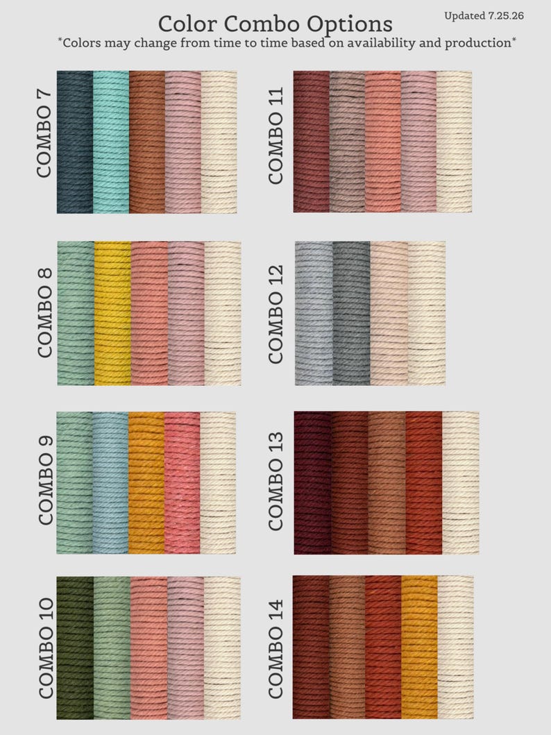 Pode incluir: Uma tabela de cores exibindo oito conjuntos distintos de cord&otilde;es de algod&atilde;o torcido de quatro fios, rotulados de Combo 7 a Combo 14. Cada linha apresenta uma paleta &uacute;nica de cores s&oacute;lidas, incluindo tons de verde, azul, amarelo, rosa, marrom e creme.