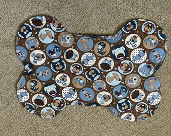 Reversable Doggie Food Mats Rectangle & Dog Bone Shapes Cute Dogs in circles and denim-like backing