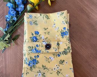 Yellow Cloth Napkins with Stunning Blue and White Flowers Sets of 4, 6, or 8