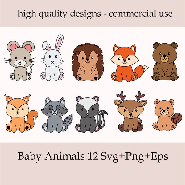 Animales del bosque svg, animales bebés svg imágenes prediseñadas, lindos animales del bosque bebé png, zorro, ciervo, oso, conejo, vivero del bosque, diseño de contorno de animales