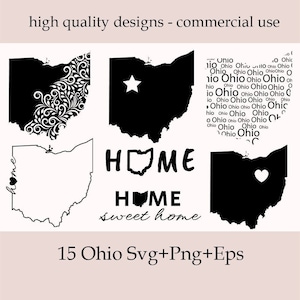 Op de afbeelding: Een set van 15 digitale ontwerpbestanden met de staat Ohio. De ontwerpen omvatten een silhouet van de staat, een ster, een hart, het woord "HOME" met de omtrek van de staat en een ontwerp met de omtrek van de staat gevuld met het woord "Ohio" herhaald. De ontwerpen zijn in zwart-wit en perfect voor knutselprojecten, scrapbooking en meer.