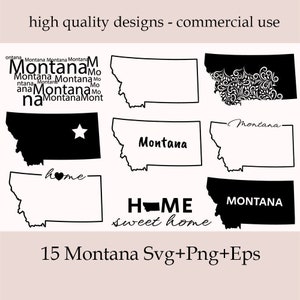 May include: A set of 15 black and white SVG, PNG, and EPS files featuring different designs of the state of Montana. The designs include the state outline with the word "Montana" written inside, a star, a heart, and a floral pattern.