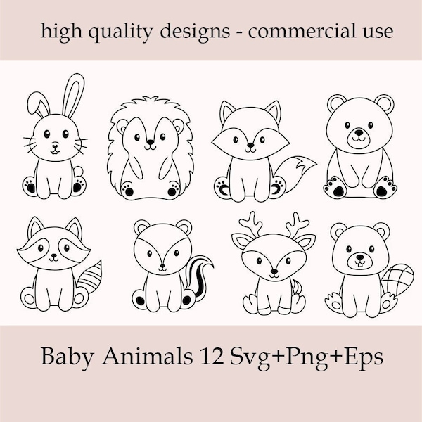 Baby Animals Svg Bundle, Cute Animal Svg, Woodland Animals Svg,Rabbit,Hedgehog,Fox,Bear,Raccoon,Skunk,Deer,Beaver, Squirrel,Owl, Frog, Mouse