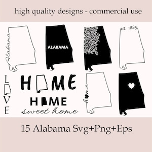 Bundle SVG État de l'Alabama, contour de l'État de l'Alabama, couper des fichiers pour Cricut, Alabama Png Svg, Silhouette de l'Alabama, Alabama carte État maison Svg