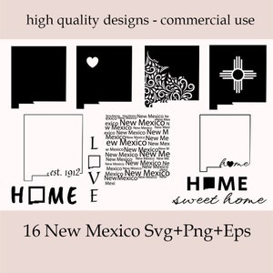 Puede incluir: Un conjunto de 16 archivos SVG, PNG y EPS en blanco y negro que presentan diferentes diseños del estado de Nuevo México. Los diseños incluyen un simple contorno del estado, un contorno en forma de corazón, un diseño floral y un diseño con el símbolo del estado. El texto "HOME" está incluido en varios de los diseños.