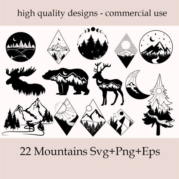 Mountains SVG Bundle, Forest Svg For Cricut, Travel Outdoor Svg, Geometric Landscape Svg, Adventure Svg, Hand Drawn Clipart,Cut File Png Eps