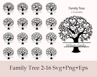 Árbol genealógico SVG (2-16 miembros), Árbol de la vida SVG, Rama del árbol genealógico, Archivos de corte para Cricut, Clipart de árbol genealógico