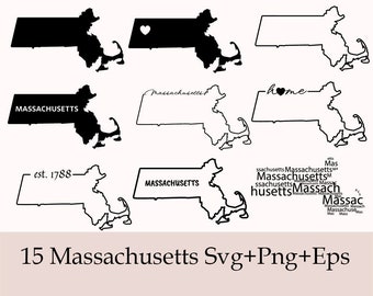 Pacote SVG de Massachusetts, Silhueta, Clipart do Estado de Massachusetts, Casa de Massachusetts Svg, Contorno de Massachusetts, Estado de Massachusetts Svg
