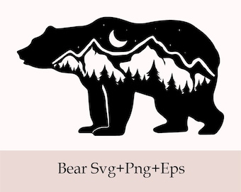 Bear Svg, Mountains Svg, Bear Silhouette ,Bear Clipart, Wild, Bear Png , Cutting File For Cricut, Outline Vector, Woods Svg