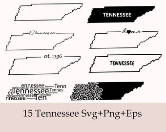 May include: A set of 15 black and white Tennessee state outline SVG, PNG, and EPS files. The outlines include variations with the word "Tennessee" and the text "est. 1796". One outline features a heart with the word "home". Another outline is filled in with a black and white floral pattern.