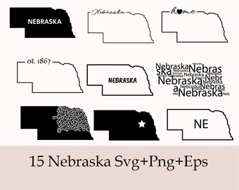 Paquete SVG de Nebraska, silueta, imágenes prediseñadas del estado de Nebraska, svg de casa de Nebraska, contorno de Nebraska, svg del estado de Nebraska, png de Nebraska