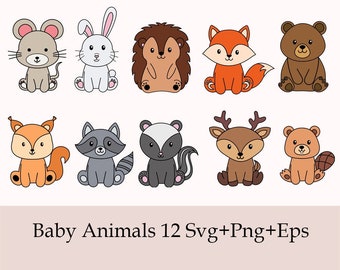 Woodland Animals Svg, Baby Animals Svg Clipart, Cute Baby Forest Animals Png, Fox, Deer,Bear,Rabbit,Woodland Nursery, Animals Outline Design