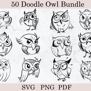 Owl Svg Bundle, 50 Doodle Owl Designs, Owl Svg, Cute Owl Clipart, Funny Owl Png, Baby Owl Svg, Owl Hand Drawing
