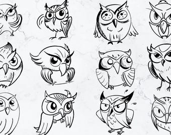 Paquete de SVG de búho, 50 diseños de búhos garabatos, SVG de búho, clipart de búho lindo, PNG de búho divertido, SVG de búho bebé, dibujo de búho a mano
