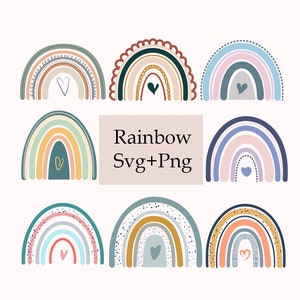 Pacote de arco-íris colorido SVG, 9 Boho Rainbow SVG PNG, Clipart de arco-íris, Pacote de arco-íris SVG para Cricut, Uso comercial, Download digital, Arquivos de corte