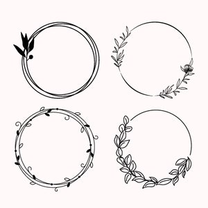K&ouml;nnte beinhalten: Vier schwarze und wei&szlig;e runde Rahmen mit floralen Designs. Jeder Rahmen hat ein schlichtes, elegantes Design mit Bl&auml;ttern und Blumen.