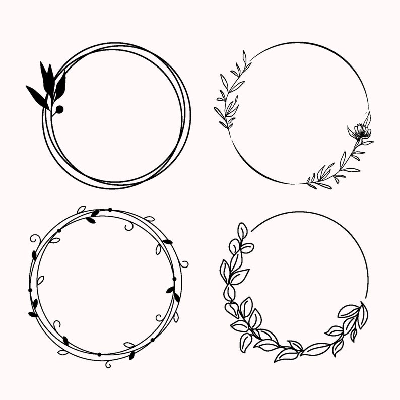 K&ouml;nnte beinhalten: Vier schwarze und wei&szlig;e runde Rahmen mit floralen Designs. Jeder Rahmen hat ein schlichtes, elegantes Design mit Bl&auml;ttern und Blumen.
