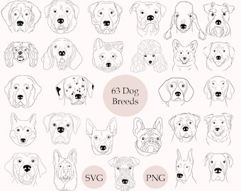 63 Dog Breed Svg Bundle, Dog Face Svg Icon, Dog Head Svg, Silhouette, Outline, Cute Dog Clipart, Dog Sticker Svg
