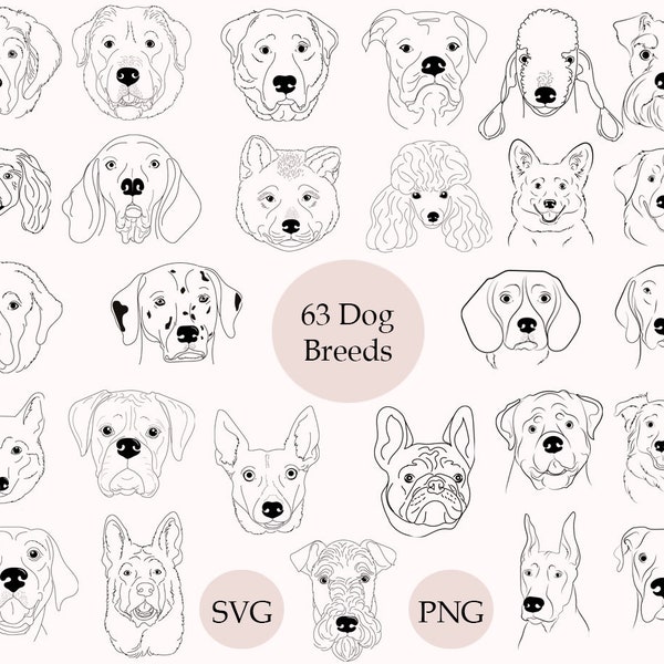 63 Dog Breed Svg Bundle, Dog Face Svg Icon, Dog Head Svg, Silhouette, Outline, Cute Dog Clipart, Dog Sticker Svg