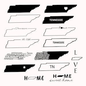 Op de afbeelding: Een set met zwart-witte ontwerpen van de omtrek van de staat Tennessee. De ontwerpen bevatten de naam van de staat, de woorden "home" en "sweet home", en de afkorting "TN". Sommige ontwerpen bevatten een hart, een ster en een bloemmotief.