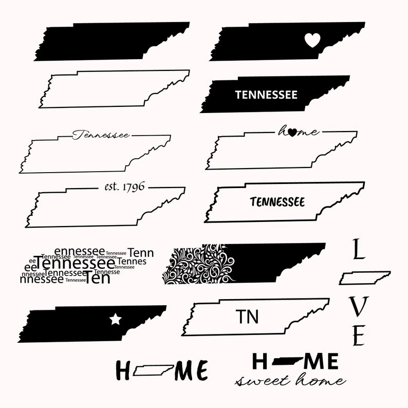 Op de afbeelding: Een set met zwart-witte ontwerpen van de omtrek van de staat Tennessee. De ontwerpen bevatten de naam van de staat, de woorden "home" en "sweet home", en de afkorting "TN". Sommige ontwerpen bevatten een hart, een ster en een bloemmotief.