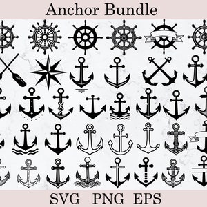 Könnte beinhalten: Eine Sammlung von Vektorgrafiken zum Thema Nautik, darunter Anker, Steuerräder, Ruder und eine Windrose. Der Text "Anchor Bundle" ist oben, "SVG PNG EPS" unten. Alle Elemente sind in Schwarz gehalten.
