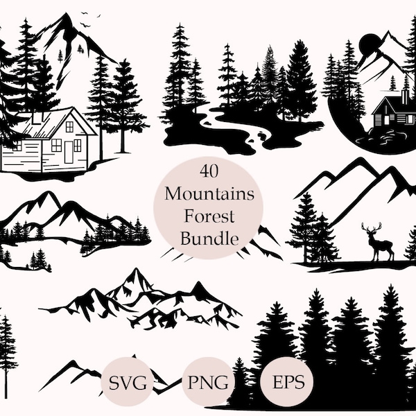 Mountains SVG Bundle, Trees Svg, Forest Svg, Clipart, Svg Files for Cricut, Geometric Outdoor Svg, Landscape Svg, Mountain Silhouette