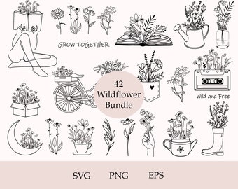 Wildflowers Svg Bundle, Flower Svg, Floral Svg, Wildflower Border Svg, Flower Sketch Svg, Silhouette, Png, Eps, Cut Files For Cricut