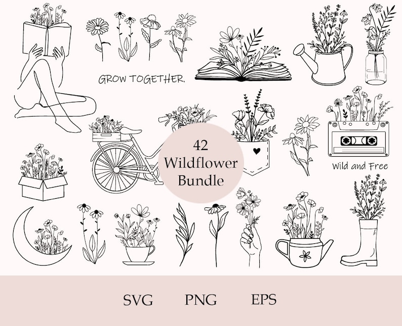K&ouml;nnte beinhalten: Ein Set mit 42 Schwarzwei&szlig;-Linienzeichnungen von Wildblumen, Pflanzen und anderen naturinspirierten Elementen. Die Illustrationen beinhalten ein Fahrrad mit einem Blumenkorb, eine Gie&szlig;kanne, ein Kassettenband, ein Buch, einen zunehmenden Mond und eine Vielzahl von Blumen. Die Texte "Grow Together" und "Wild and Free" sind ebenfalls in den Illustrationen enthalten. Die Illustrationen sind perfekt f&uuml;r die Erstellung digitaler oder physischer Produkte wie Gru&szlig;karten, Einladungen, Aufkleber und mehr.