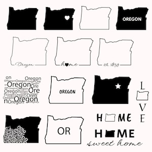 Op de afbeelding: Een set zwart-witte omtrekillustraties van de staat Oregon. De illustraties omvatten verschillende variaties van de staatsgrens, waaronder een hart, een ster en de tekst "Oregon".