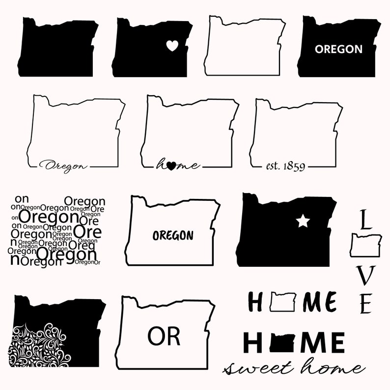 Op de afbeelding: Een set zwart-witte omtrekillustraties van de staat Oregon. De illustraties omvatten verschillende variaties van de staatsgrens, waaronder een hart, een ster en de tekst "Oregon".