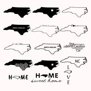 Op de afbeelding: Een verzameling zwart-witte contourillustraties van de staat North Carolina. Sommige illustraties bevatten tekst zoals "North Carolina", "thuis", "gestart in 1789" en "zoet thuis".