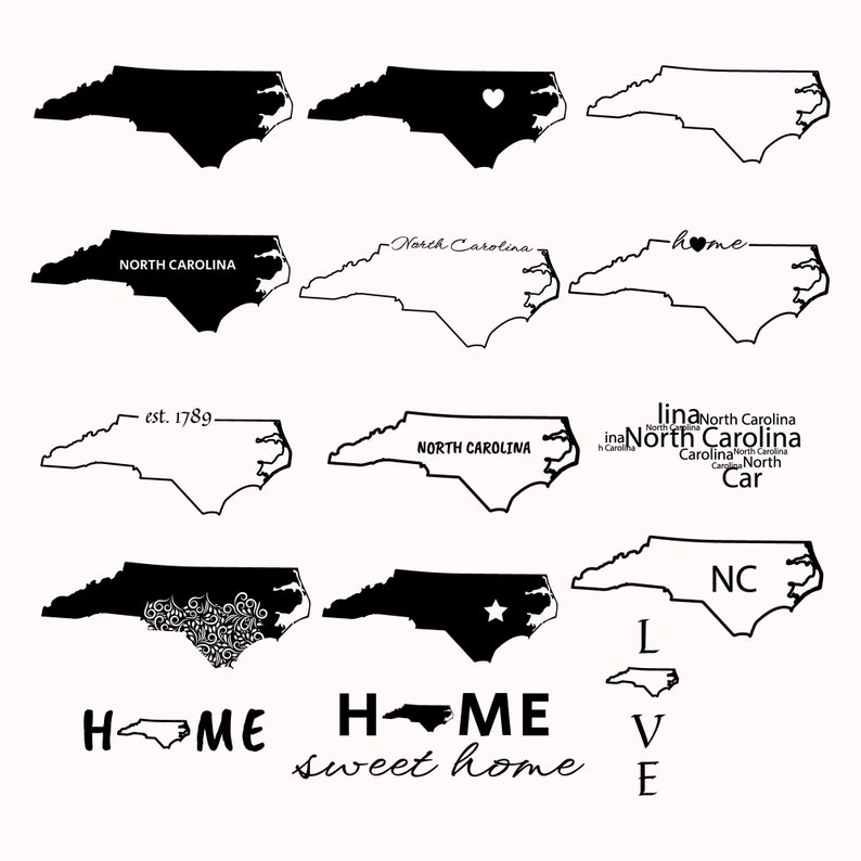 Op de afbeelding: Een verzameling zwart-witte contourillustraties van de staat North Carolina. Sommige illustraties bevatten tekst zoals "North Carolina", "thuis", "gestart in 1789" en "zoet thuis".