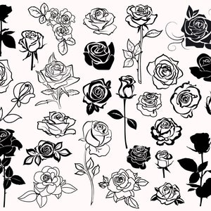 May include: A collection of black and white rose illustrations. The roses are drawn in a variety of styles, some with intricate details and others with a more simple design.