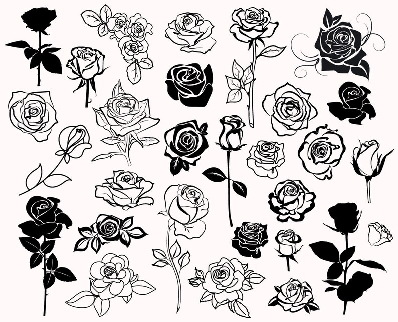 May include: A collection of black and white rose illustrations. The roses are drawn in a variety of styles, some with intricate details and others with a more simple design.