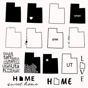 Op de afbeelding: Een set zwart-witte omtrekillustraties van de staat Utah. De illustraties bevatten het woord "Utah" en de tekst "est. 1896". Sommige illustraties bevatten een hart, een ster en het woord "home".
