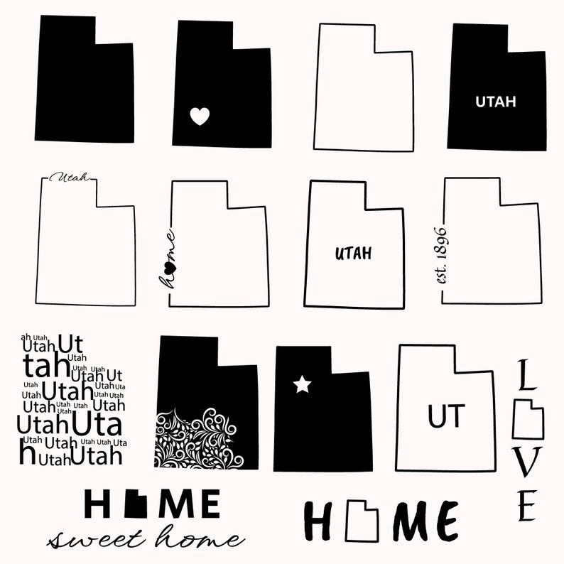 Op de afbeelding: Een set zwart-witte omtrekillustraties van de staat Utah. De illustraties bevatten het woord "Utah" en de tekst "est. 1896". Sommige illustraties bevatten een hart, een ster en het woord "home".