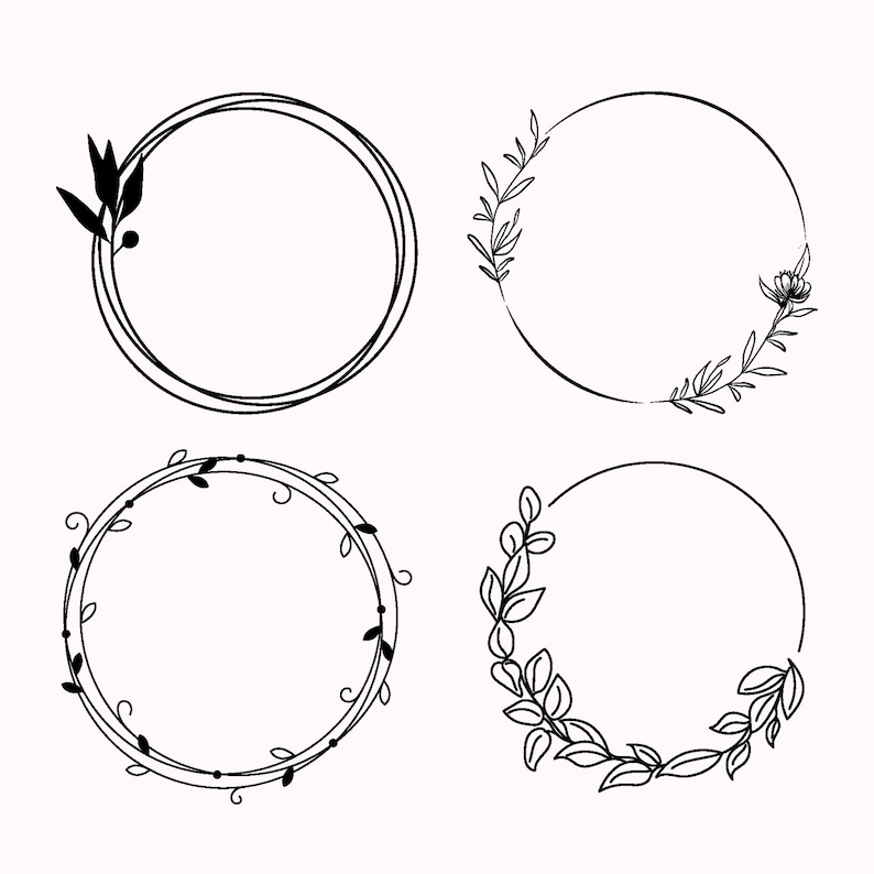 May include: Four black and white circular frames with floral designs. Each frame has a blank space in the center.