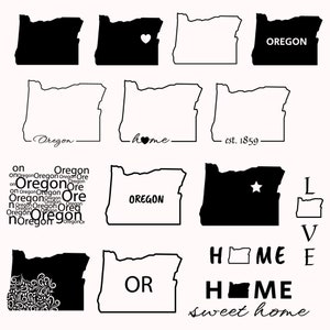 Op de afbeelding: Een set zwart-witte omtrekillustraties van de staat Oregon. De illustraties omvatten verschillende variaties van de staatsgrens, waaronder een hart, een ster en de tekst "Oregon".