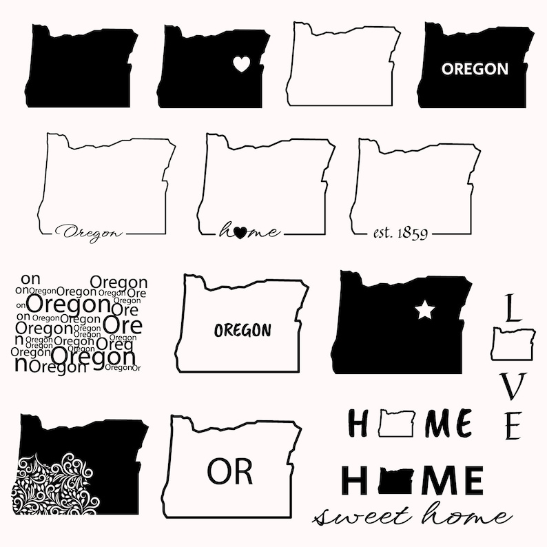 Op de afbeelding: Een set zwart-witte omtrekillustraties van de staat Oregon. De illustraties omvatten verschillende variaties van de staatsgrens, waaronder een hart, een ster en de tekst "Oregon".