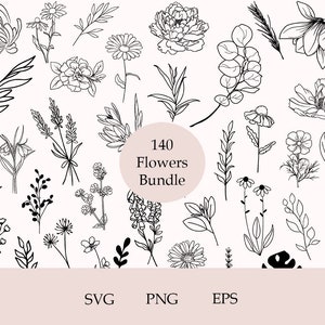140 bloemen SVG-bundel, bloemen SVG-bundel, handgetekende bloem SVG, clipart, plant SVG, minimalistisch, Cricut, gesneden bestanden, bloem schets SVG