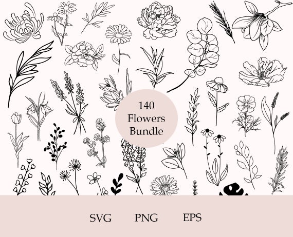 140 Flowers Svg Bundle, Floral Svg Bundle, Hand Drawn Flower Svg, Clipart, Plant Svg, Minimalist, Cricut, Cut Files, Flower Sketch Svg