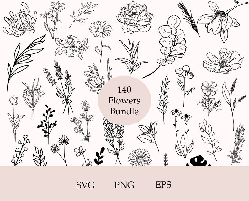 Puede incluir: Un conjunto de 140 dibujos en blanco y negro de diferentes flores y elementos florales. El texto "140 Flowers Bundle" est&aacute; en el centro de la imagen.
