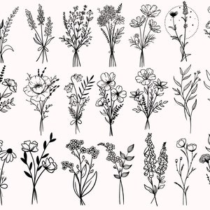 May include: A collection of twenty-one black and white line art illustrations of various floral bouquets. Each bouquet is tied with a ribbon. The flowers include daisies, lavender, and other wildflowers. The illustrations are on a cream-colored background.