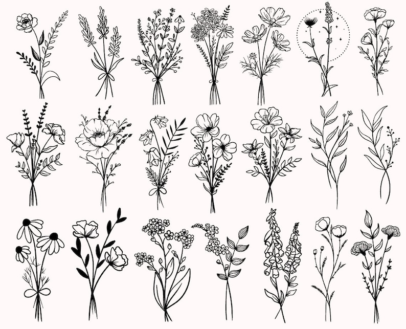 May include: A collection of twenty-one black and white line art illustrations of various floral bouquets. Each bouquet is tied with a ribbon. The flowers include daisies, lavender, and other wildflowers. The illustrations are on a cream-colored background.